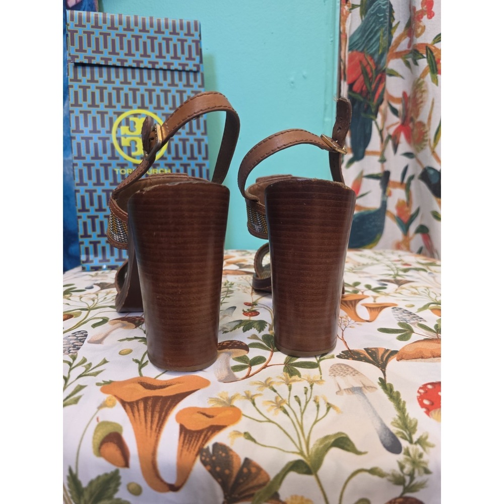Tory Burch Florian Aztec Block Heel Sandals Tan Leather Ankle Strap Women 9 M - Picture 9 of 13